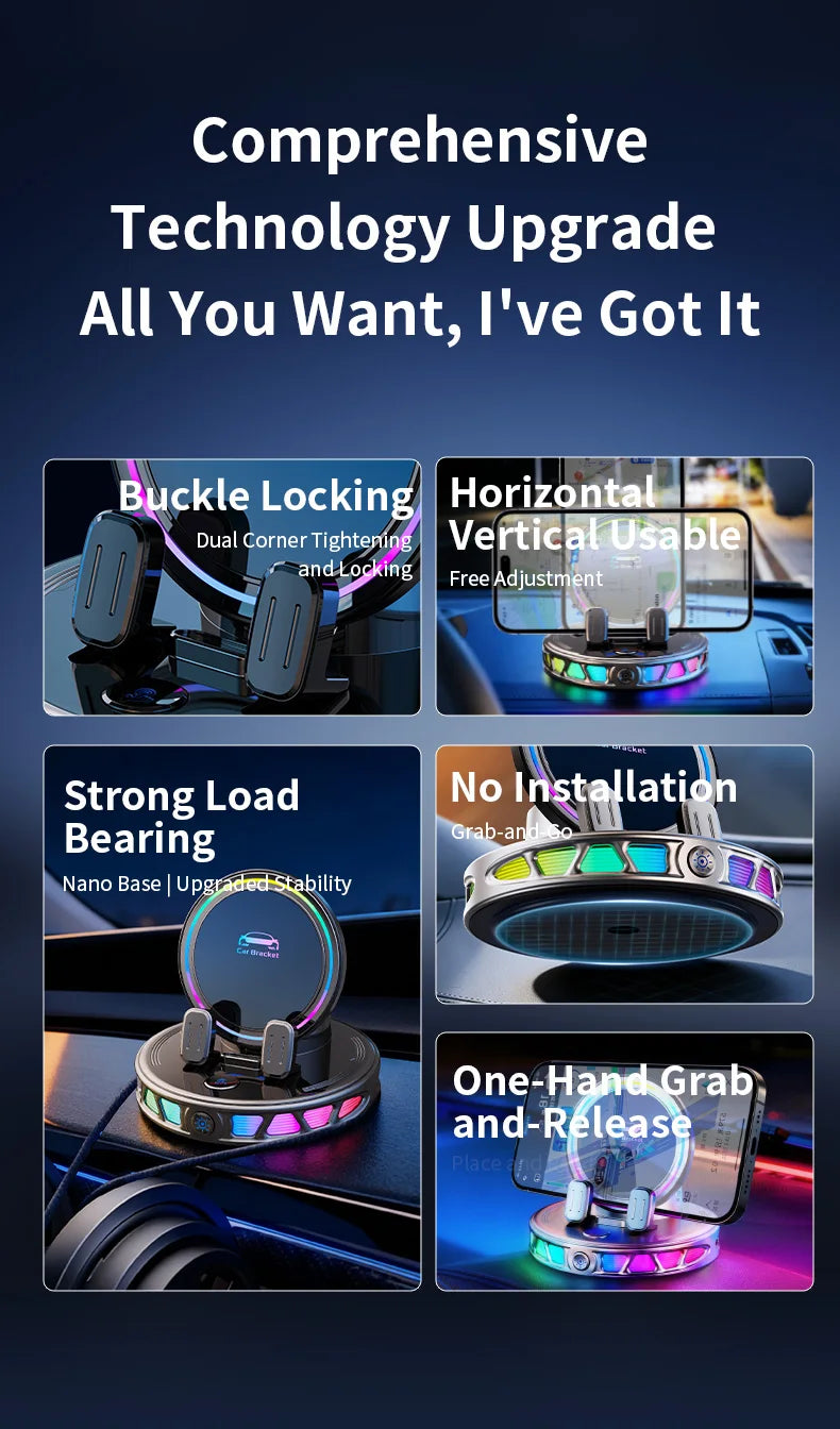 A clamp-on car phone mount with an RGB light, shown in various usage angles and features.