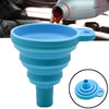 A blue silicone funnel designed to transfer engine fluids, shown in a close-up view.