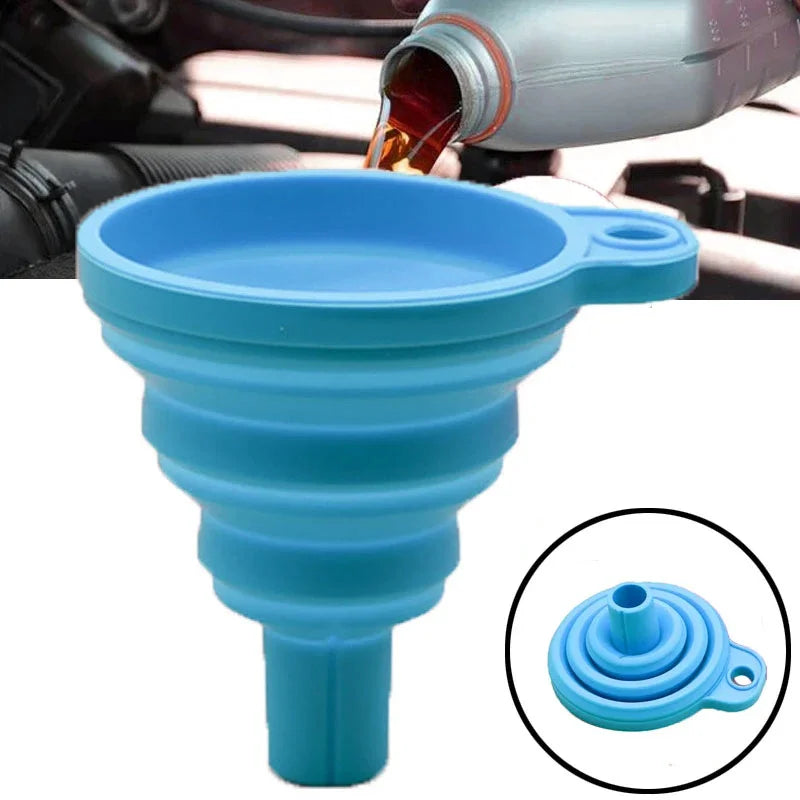 A blue silicone funnel designed to transfer engine fluids, shown in a close-up view.