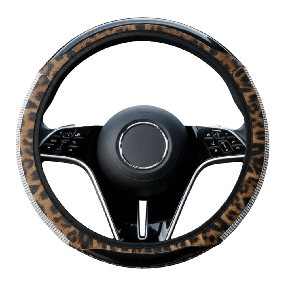 A black steering wheel covered in leopard print material with silver rhinestone accents.