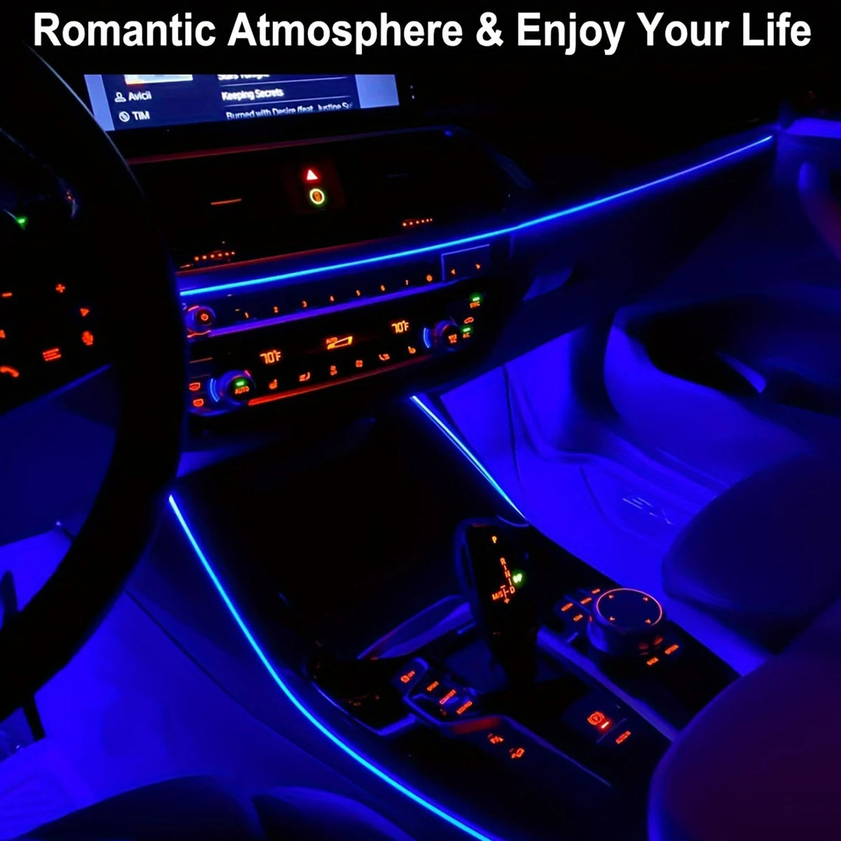 A car interior showing a flexible USB EL wire ambient light strip illuminating the dashboard and door panel.