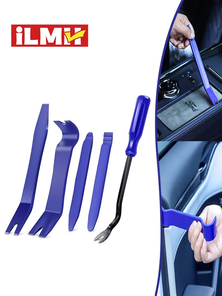 A set of blue plastic tools for removing car trim, including various shaped tools and a long tool.