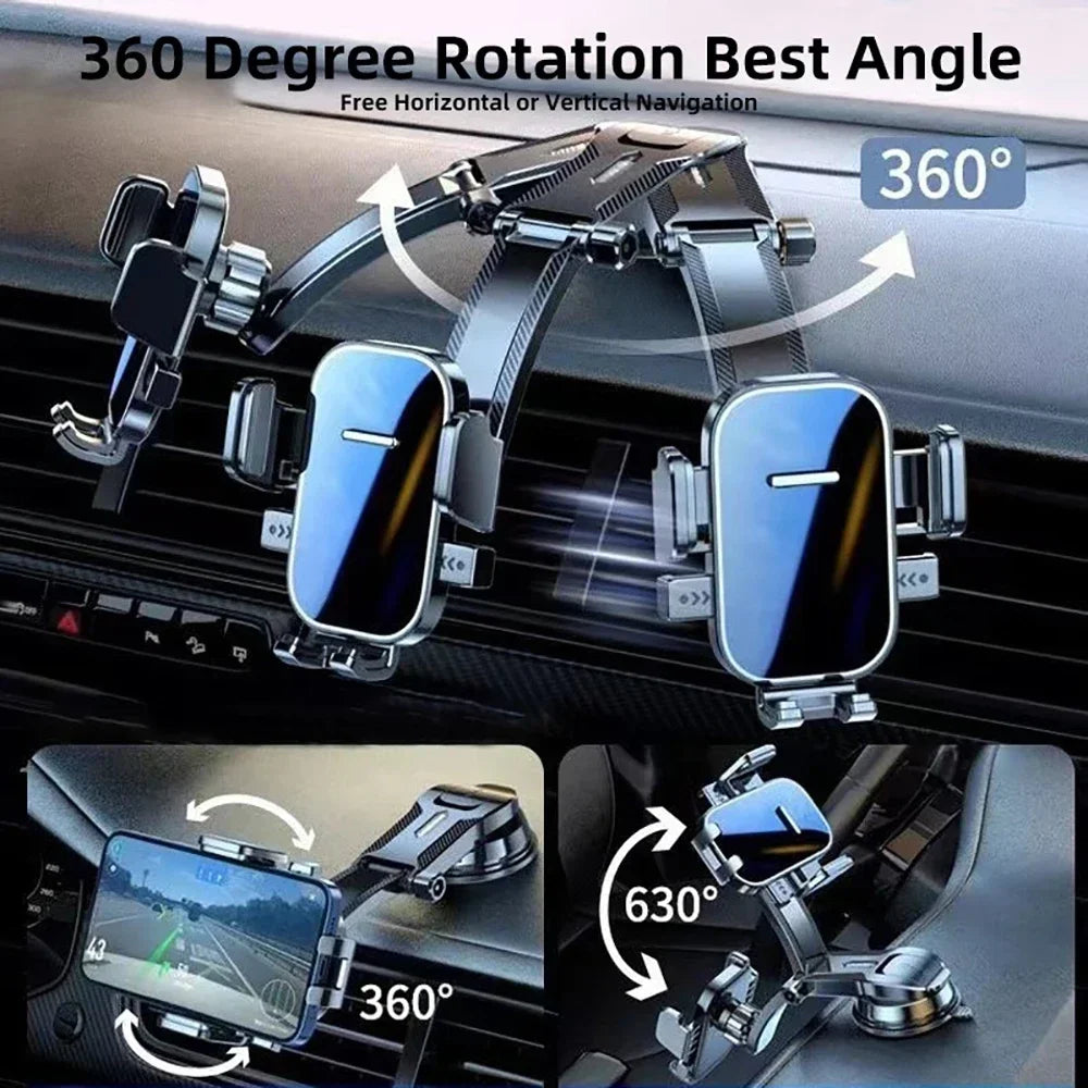 A 360 degree rotatable car phone mount with an extension rod demonstrating various angles for navigation.