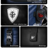 Detail shots of a blue bike pannier bag showing metal hooks, a silver reflective logo, a tail light strap, brand buckle, bran