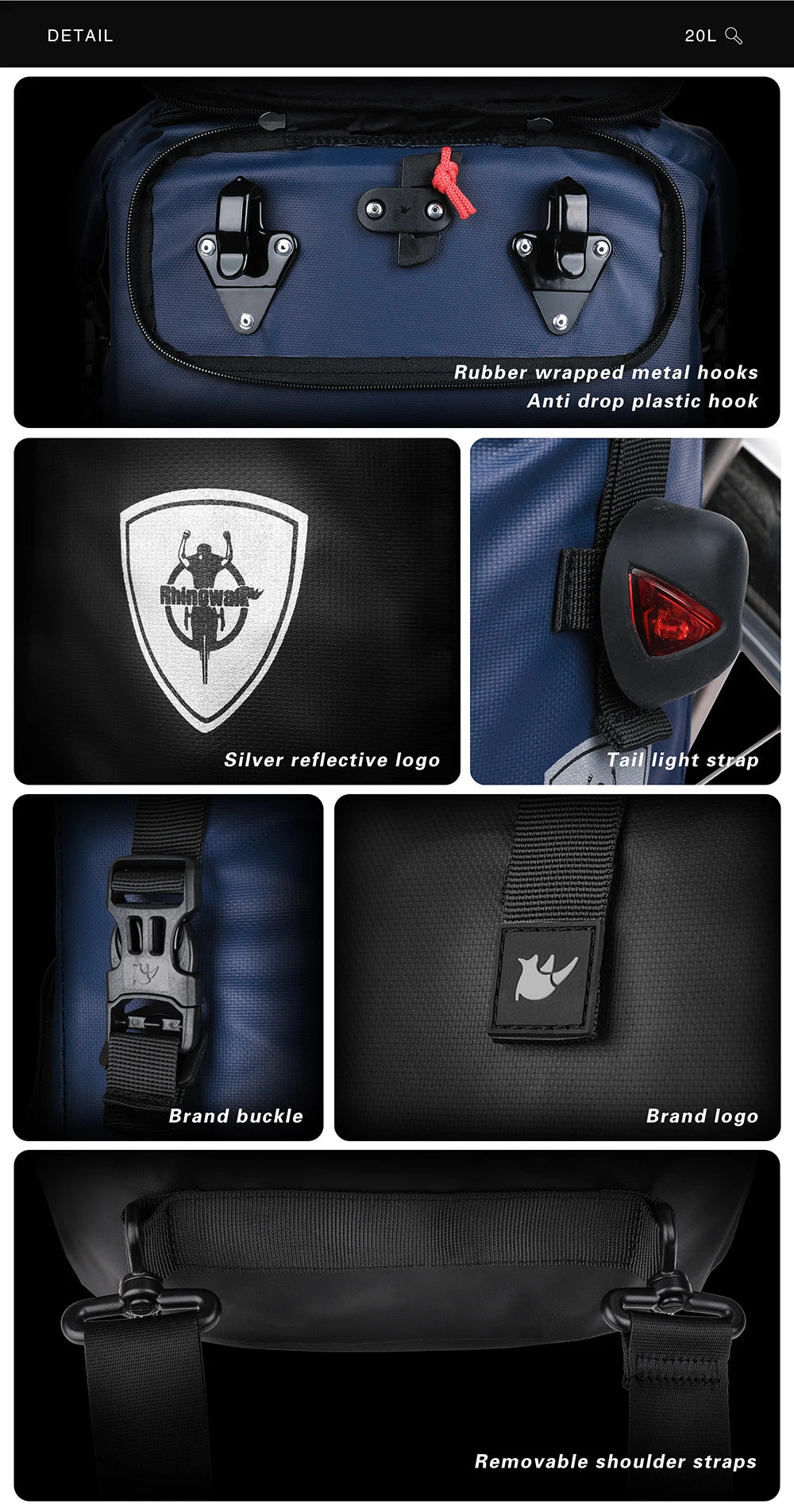 Detail shots of a blue bike pannier bag showing metal hooks, a silver reflective logo, a tail light strap, brand buckle, bran