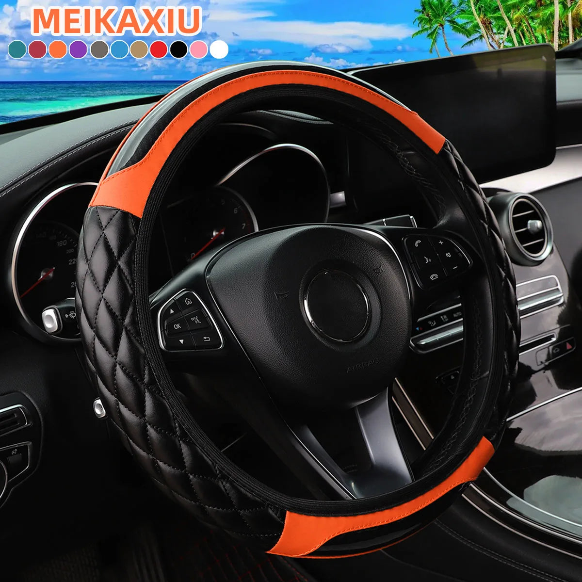 Orange and black quilted carbon fiber steering wheel cover inside a car