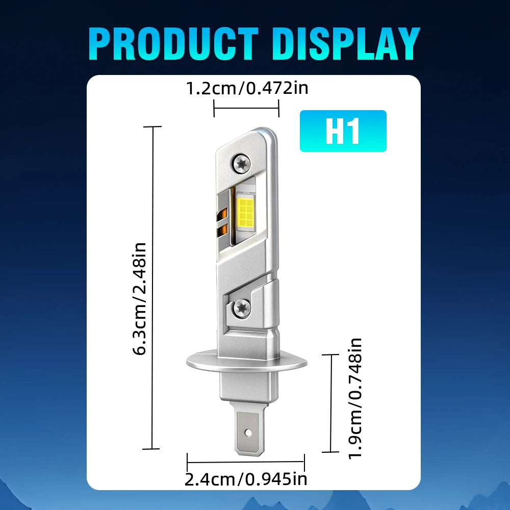 Display of an H1 LED headlight bulb with dimensions and specifications.