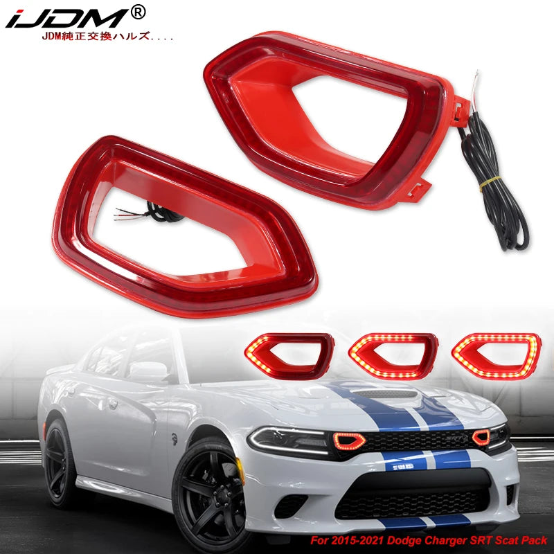 Red switchback LED grill lights for a Dodge Charger front end.