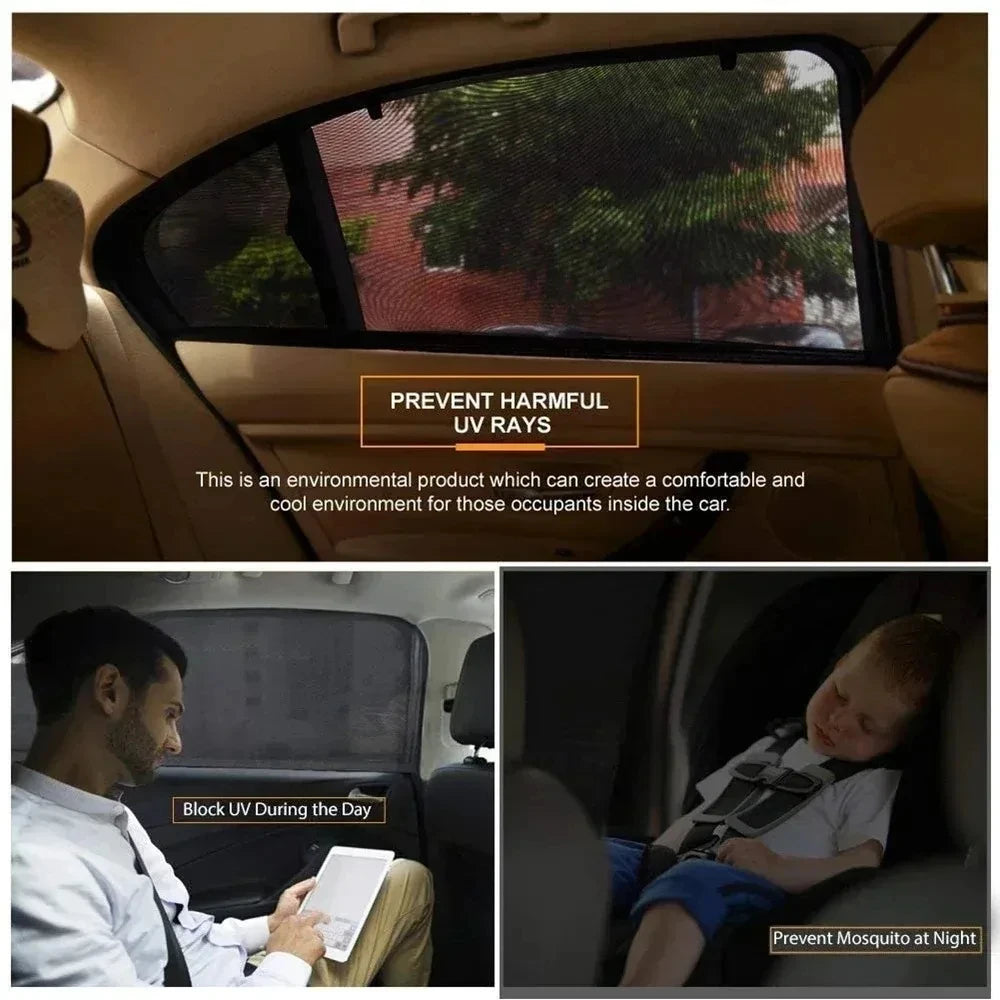 A car interior showing a window screen set designed to prevent harmful UV rays and mosquitoes.