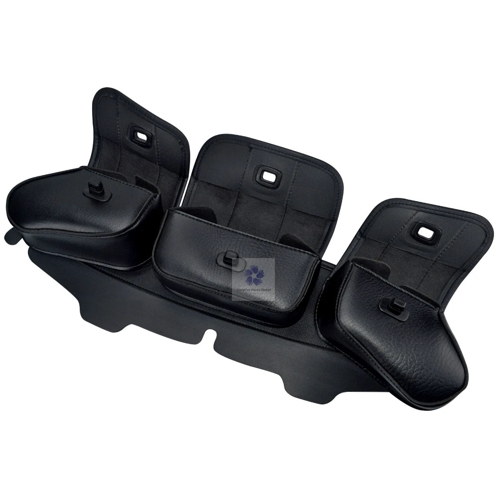 Black motorcycle windshield fairing storage bag with multiple compartments