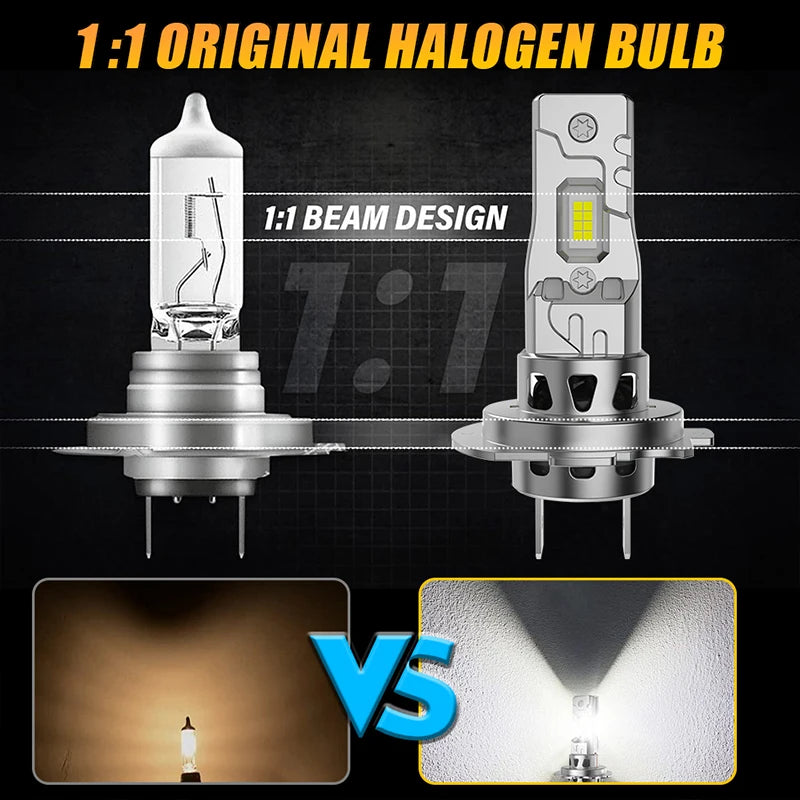 Comparison of a 1:1 original halogen bulb and a 7:7 beam design for high-performance H7 LED headlight bulbs