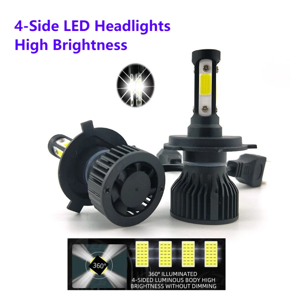 A pair of 4-side LED headlights with a cooling fan, showing a 360 degree illuminated view.