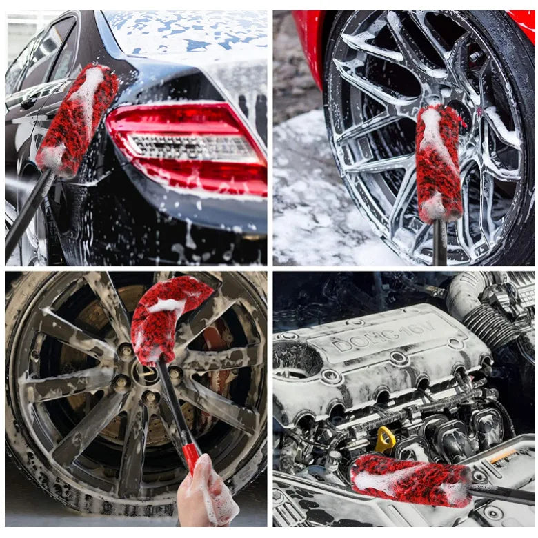 Three wool cleaning brushes used for detailing automotive and motorcycle parts.