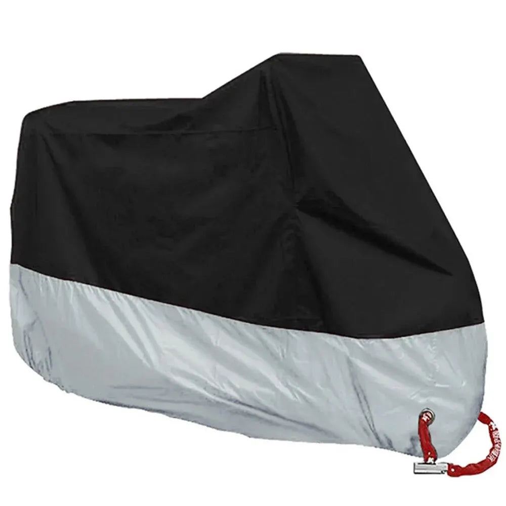 Black and silver motorcycle cover with waterproof and UV protection features