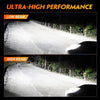 Comparison of low beam and high beam headlights illuminating a road at night.