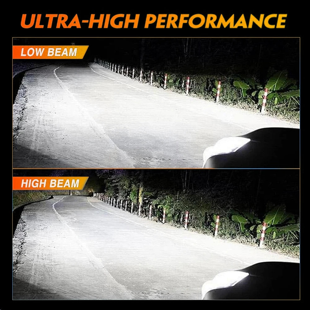Comparison of low beam and high beam headlights illuminating a road at night.