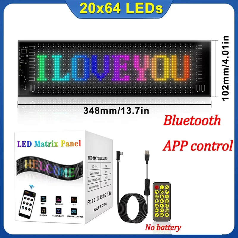A black LED matrix panel displaying I LOVE YOU text with Bluetooth and APP control features