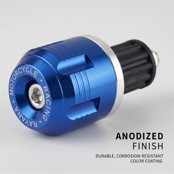 Motorrad-Rennlenker-Endstop mit anodisierter Oberfläche, schwarzer Schaft und silberner Spitze.
