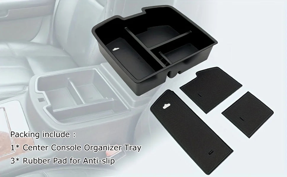 Black convertible armrest storage tray with dividers and rubber pads shown next to the main tray.