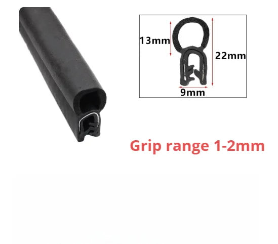 Black U-shaped door edge seal strips with various grip ranges shown in a diagram.