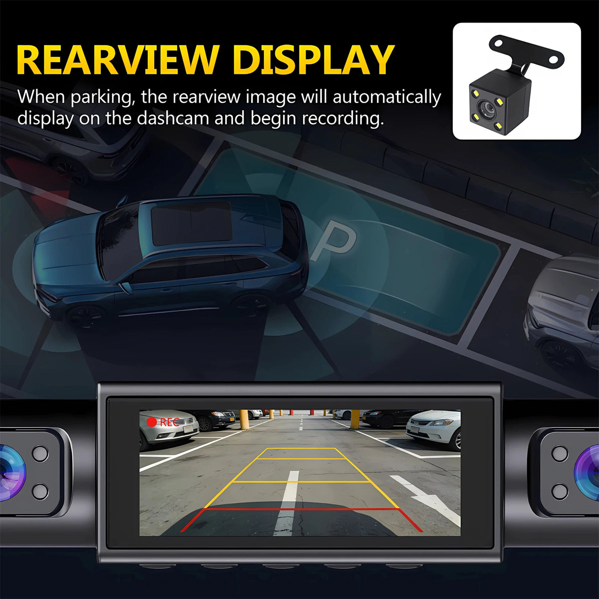 Rearview display feature of a car dashcam showing a parking lot view with marked lines.