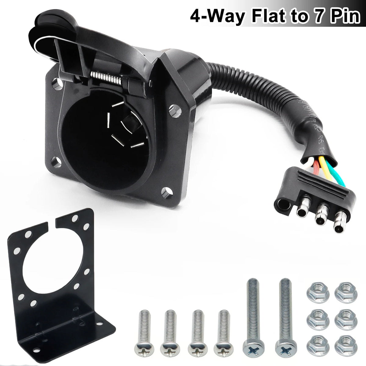 Black 4-way flat to 7-pin trailer adapter with mounting bracket and hardware components