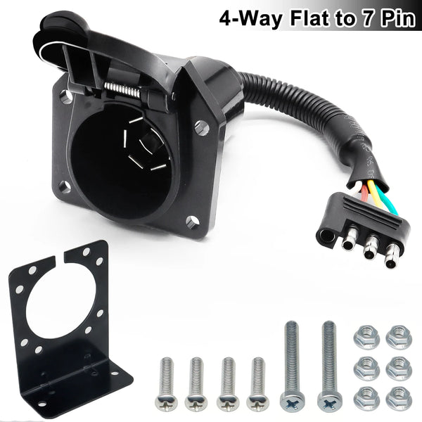 Black 4-way flat to 7-pin trailer adapter with mounting bracket and hardware components