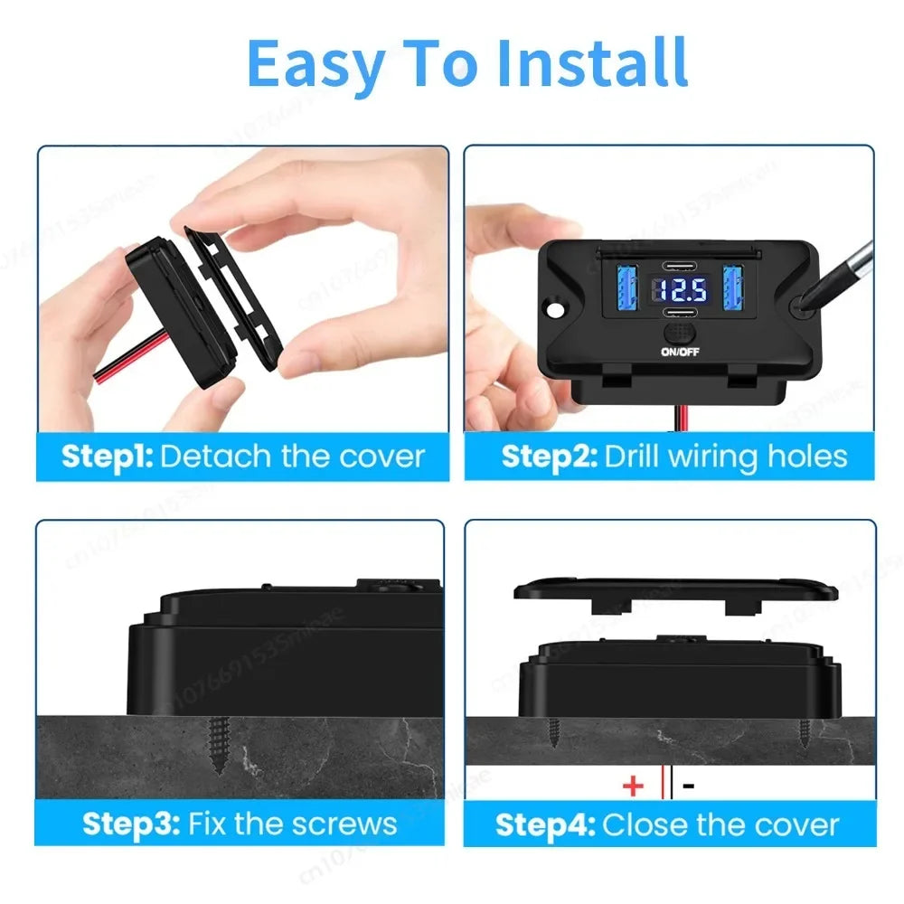 Instructions showing how to install a 4-port USB charger with voltmeter and switch by detaching, drilling holes, fixing screw