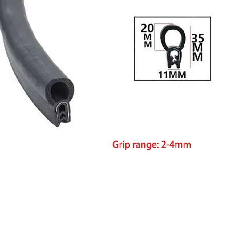 A black U-shaped door edge seal strip with a metal hook for grip and sealing.