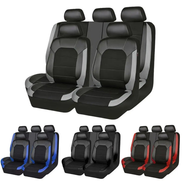 A set of nine black PU leather breathable car seat covers for SUV and sedan vehicles.