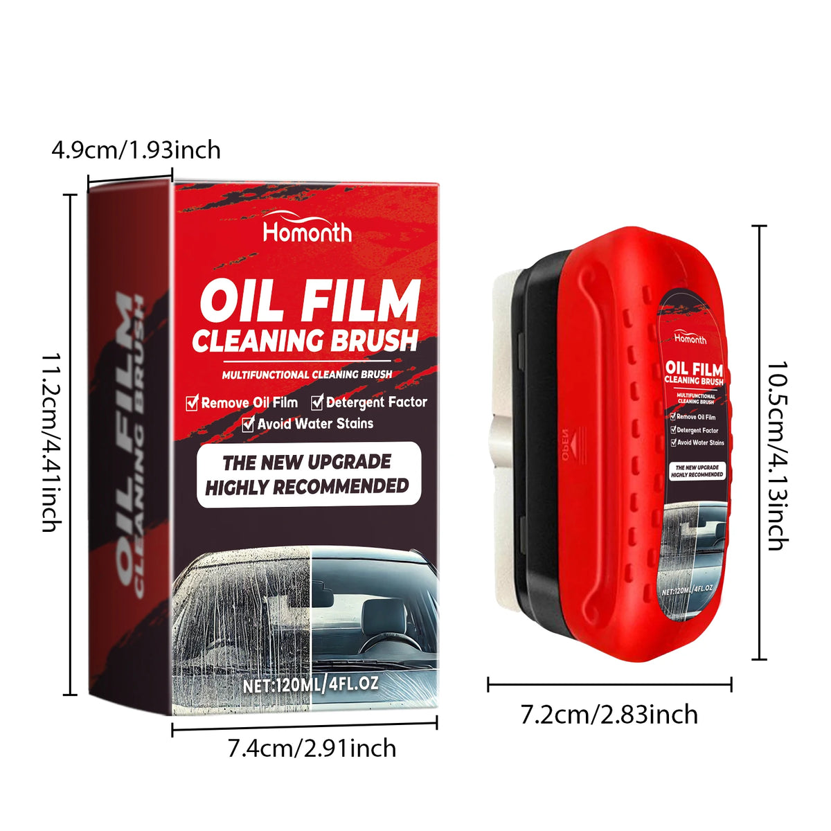 A red oil film cleaning brush in its box, showing the product dimensions and usage context.