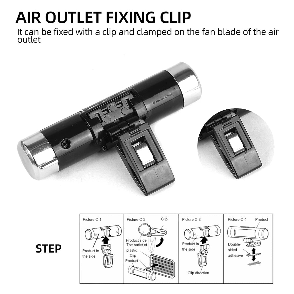 Air outlet fixing clip shown with installation steps and product views