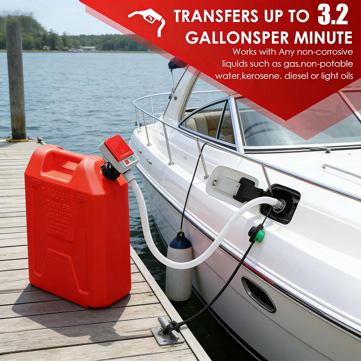 A portable fuel transfer pump is shown connected to a boat, transferring liquid from a red container into the boat's fuel sys