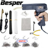 A set of heavy duty plastic repair welder components including a handheld tool, wire, and various metal strips.