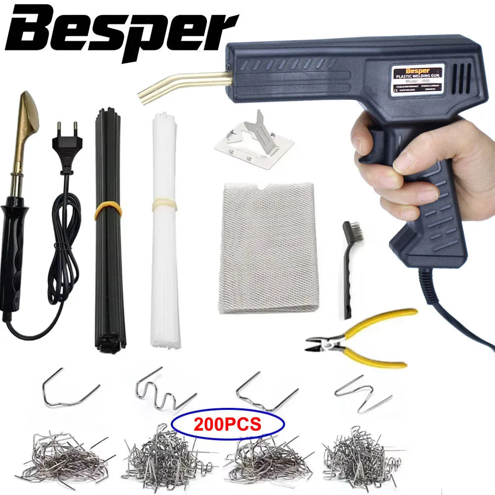 A set of heavy duty plastic repair welder components including a handheld tool, wire, and various metal strips.