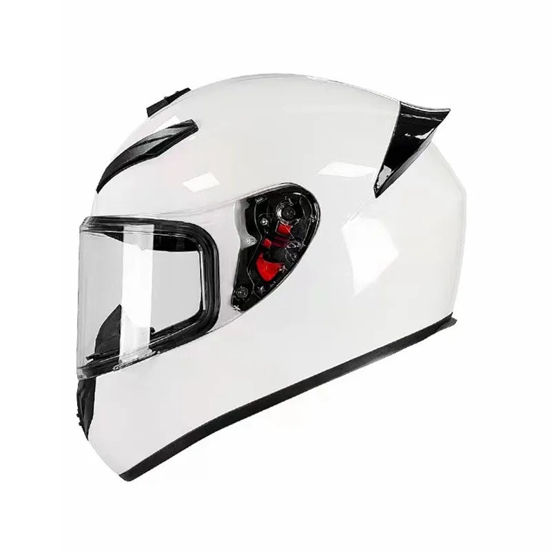 A white racing-style ABS motorcycle helmet with black accents and a clear visor.