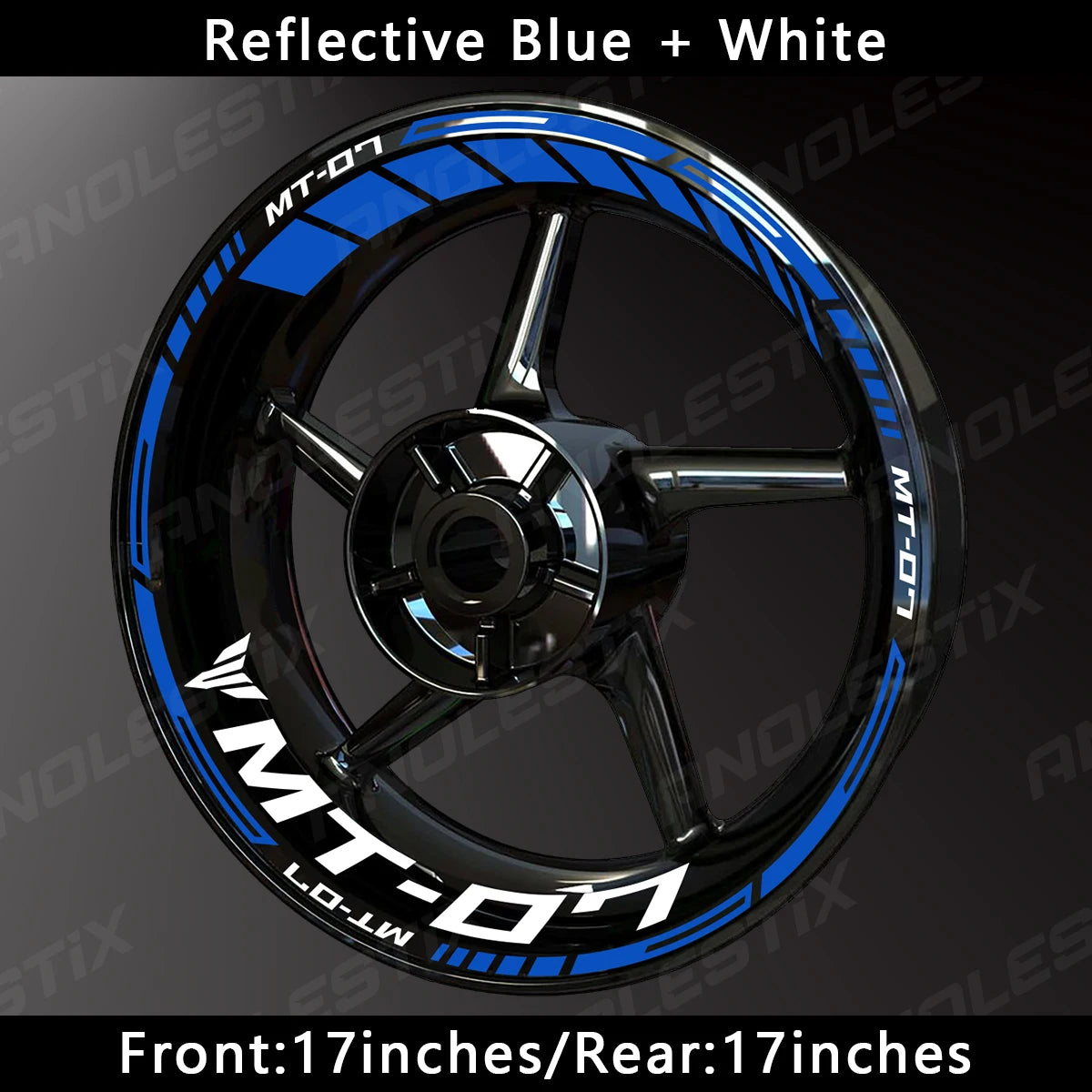 Reflective blue and white motorcycle wheel decals for a Yamaha MT-07 wheel.