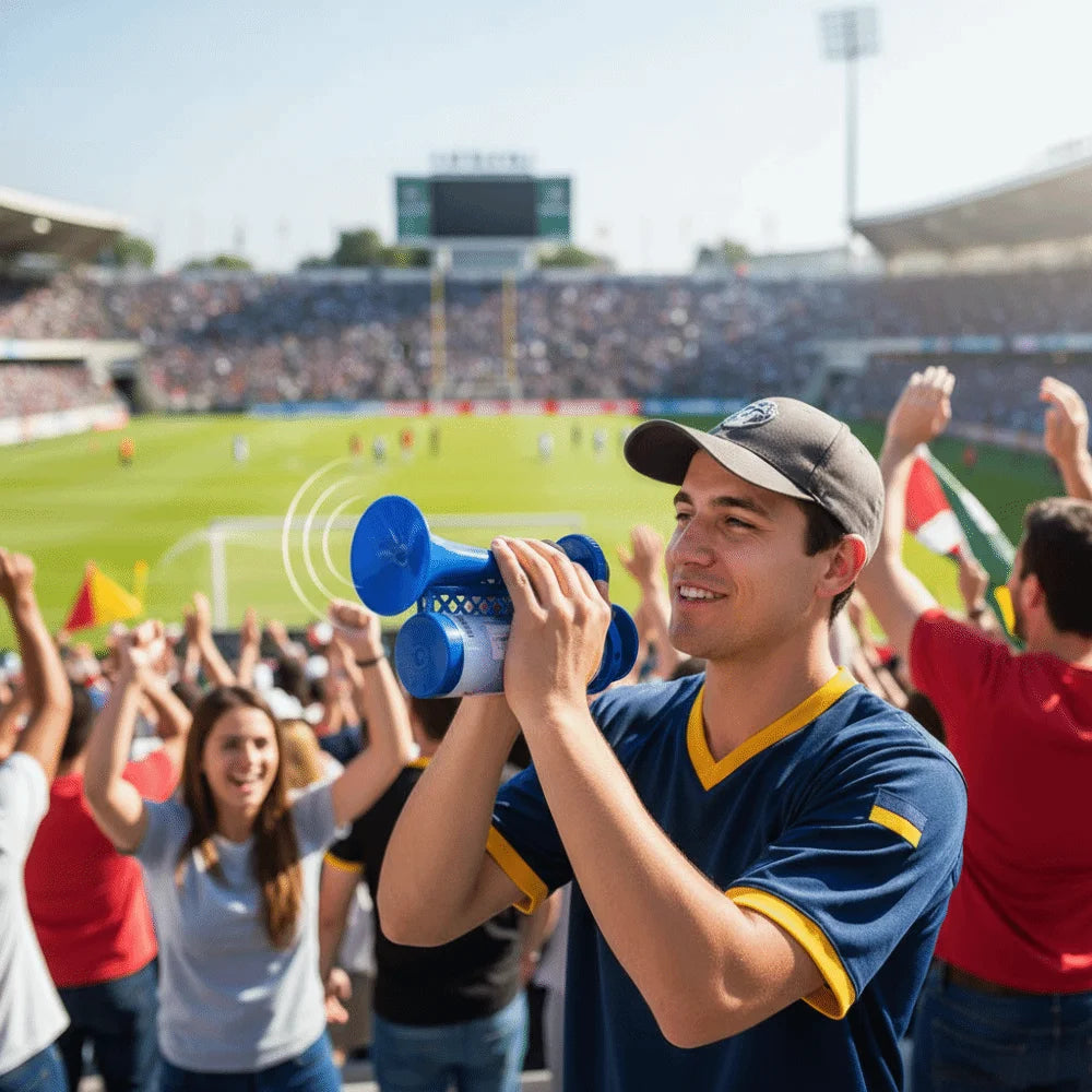 A young man holds a blue portable air horn, cheering in a crowd at an outdoor sporting event.