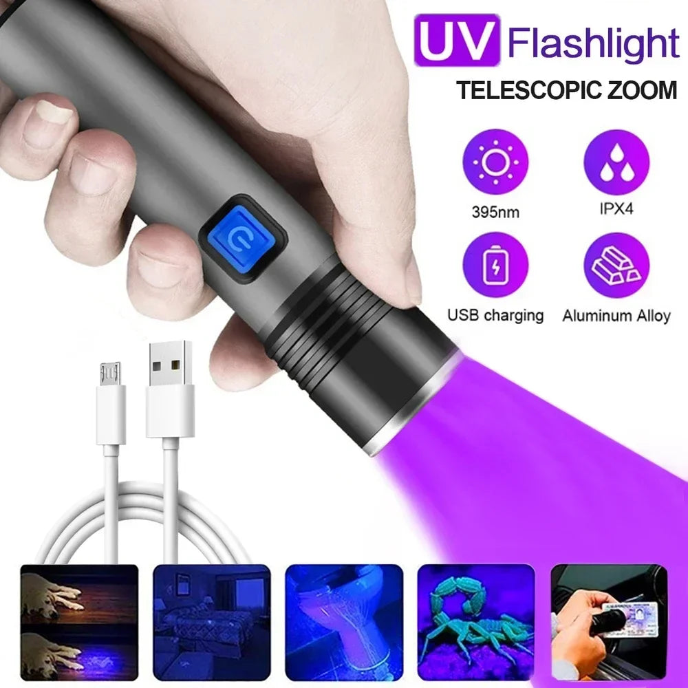 A hand holds a black UV flashlight with a purple beam, showing various features and usage examples.