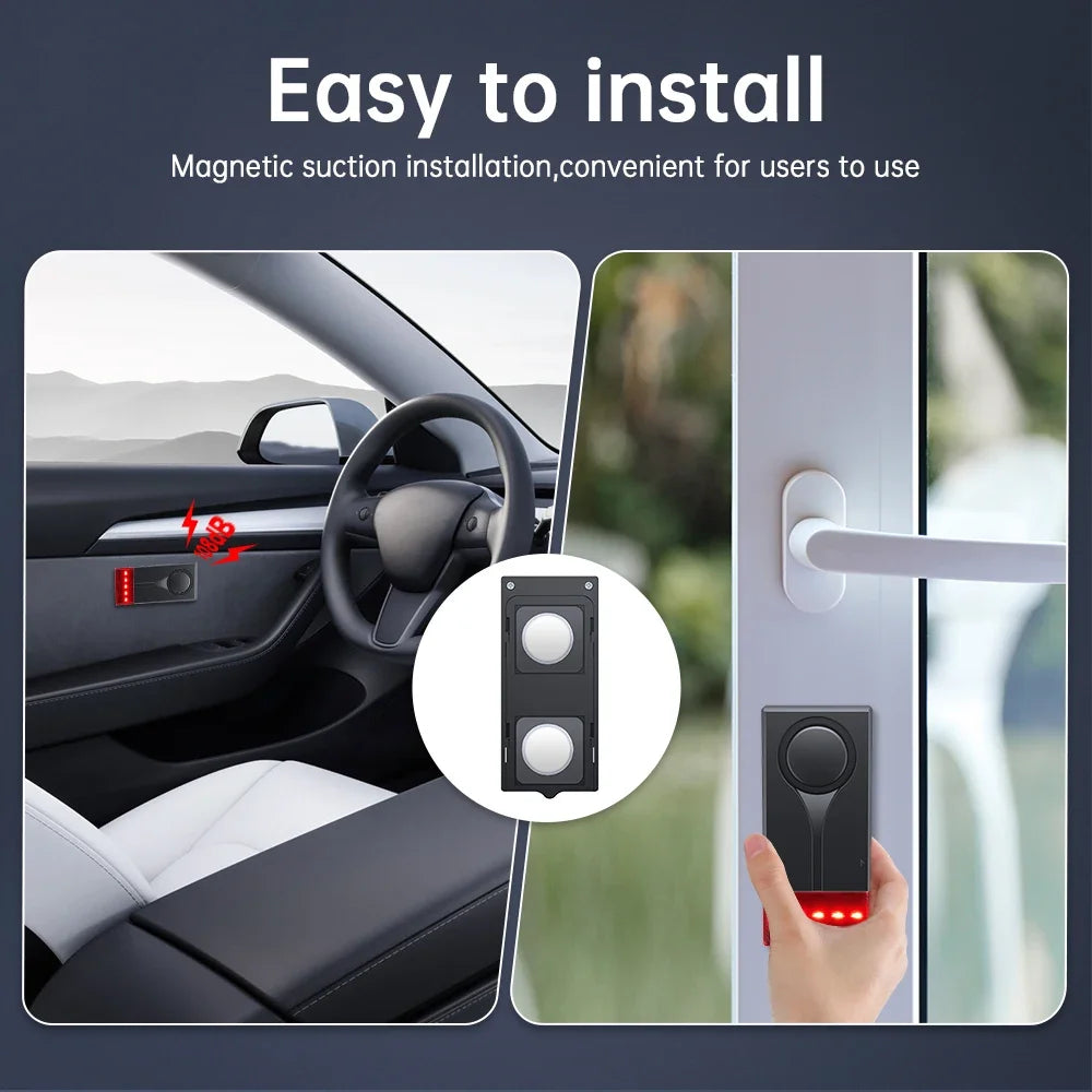 Magnetic suction installation of a wireless car anti-theft vibration alarm on a car door.