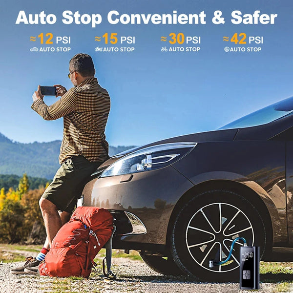 A man is using a portable tire inflator air compressor to inflate a car tire outdoors.