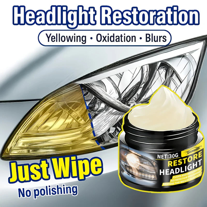 A tube of headlight restoration product is shown next to a car headlight assembly, demonstrating its use for removing yellowi