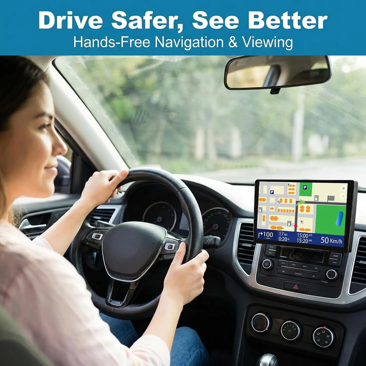 A woman is driving a car with a hands-free navigation and viewing system mounted on the dashboard.
