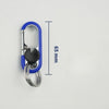 A close-up view of a blue and silver rotatable lock carabiner keychain with a measurement line indicating 65 mm.