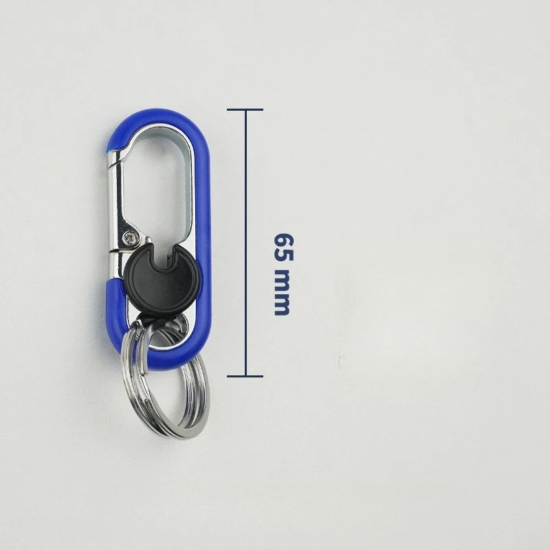 A close-up view of a blue and silver rotatable lock carabiner keychain with a measurement line indicating 65 mm.