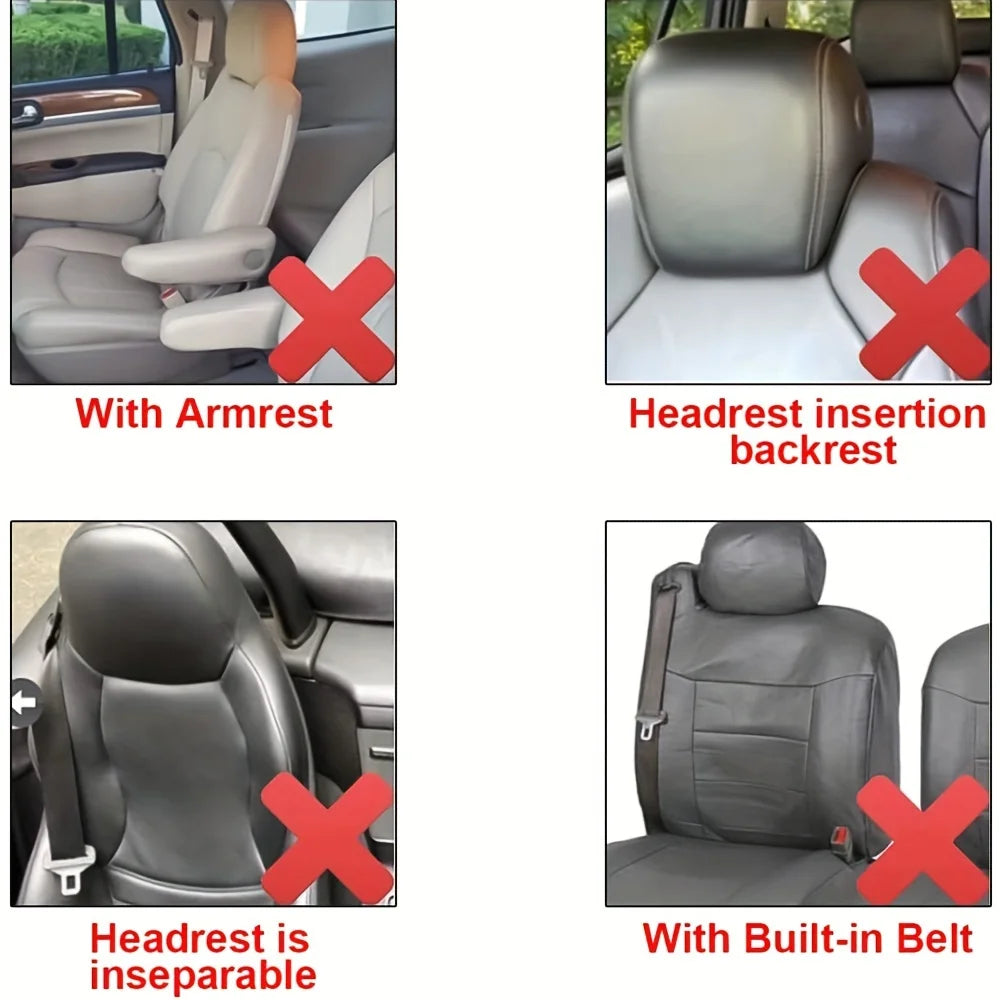 Various views of 9-piece PU leather breathable car seat covers for SUV and sedan, showing features like armrest, headrest ins