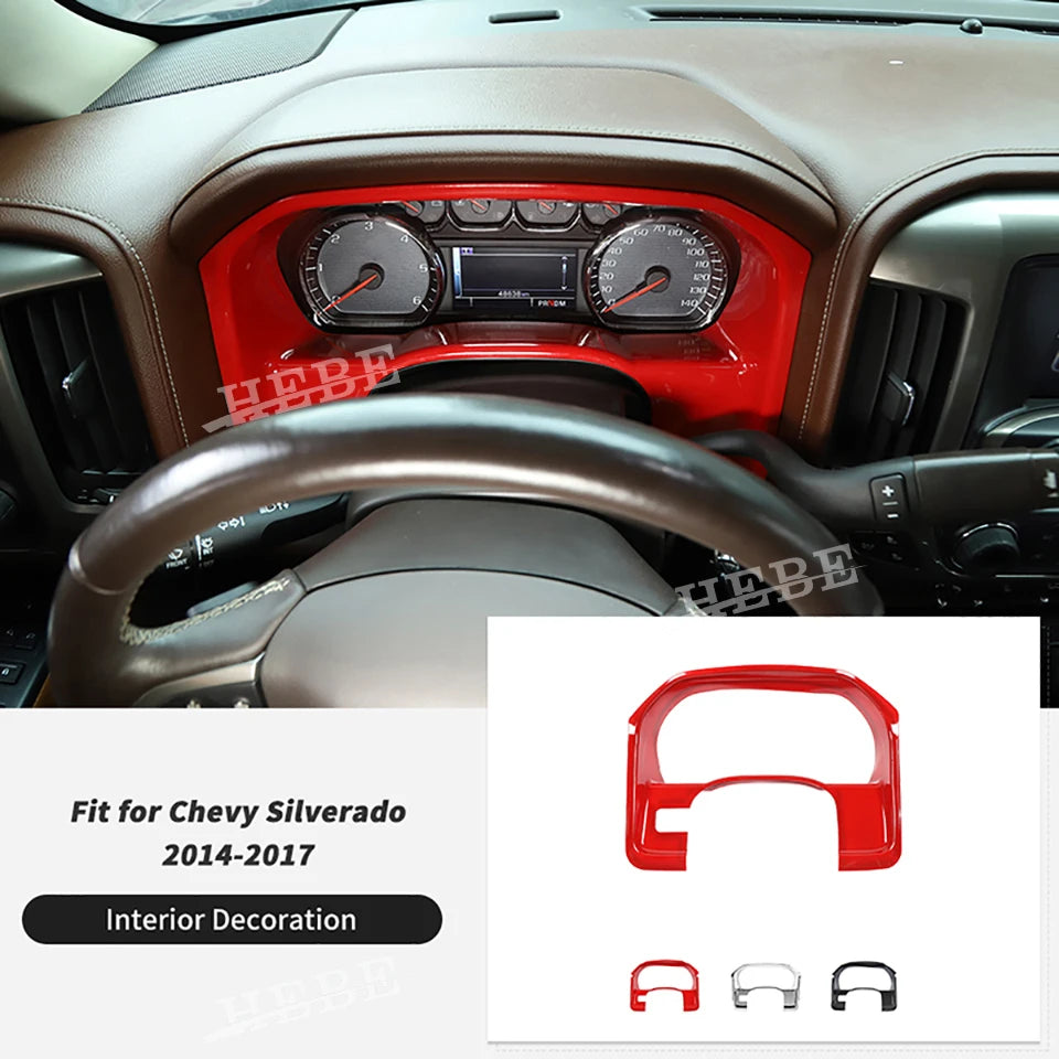Interior dashboard trim panel for a Chevy Silverado showing the instrument cluster and steering wheel.