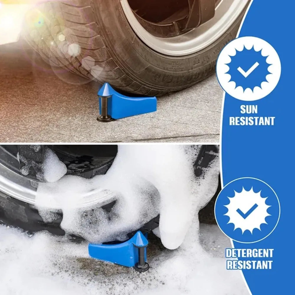 Blue tire wedge tool used to slide under a car tire and clean the wheel.