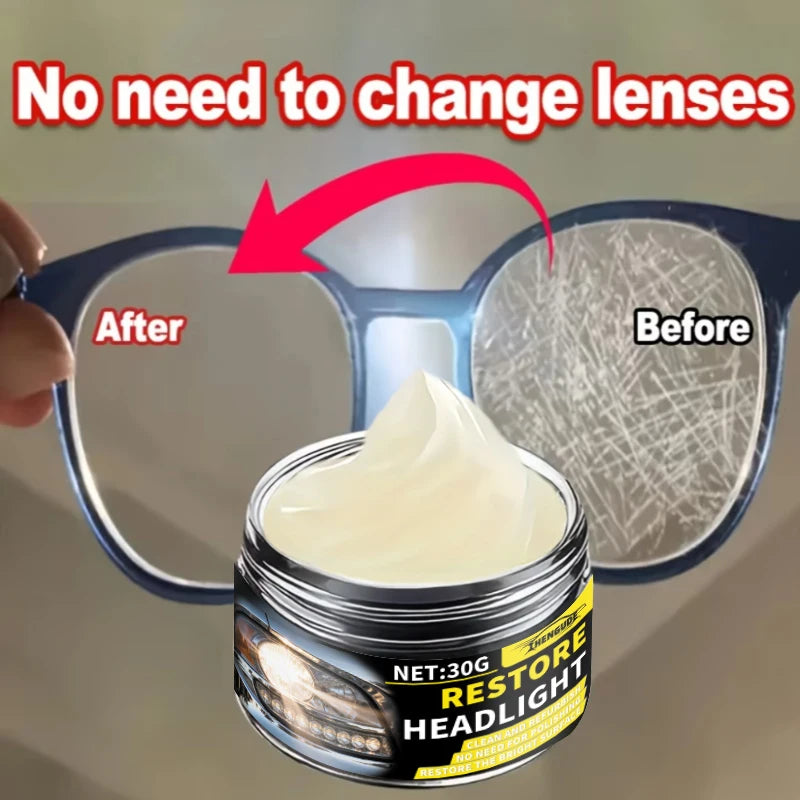 A jar of Restore Headlight lens repair cream next to a pair of eyeglasses showing before and after lens condition.