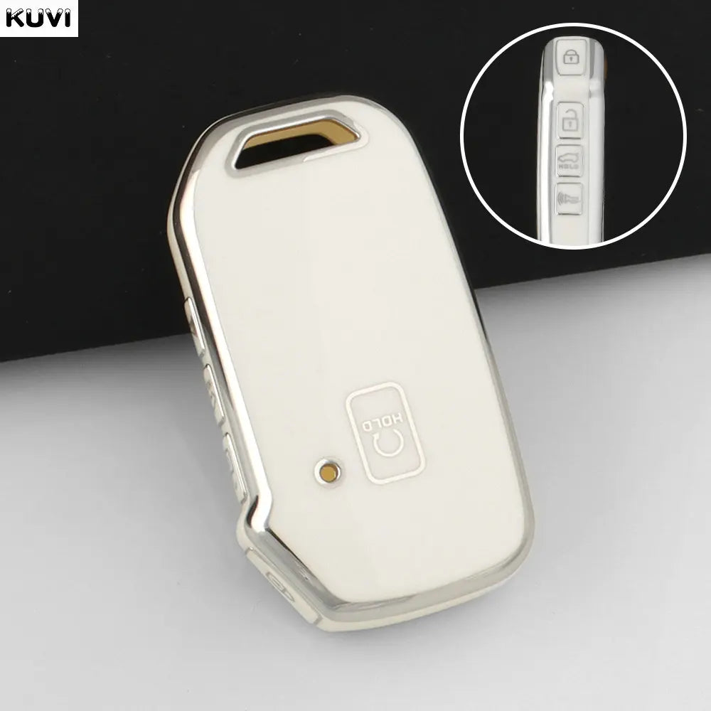 A white durable TPU car key fob cover protector is shown against a gray background with an inset showing the internal structu